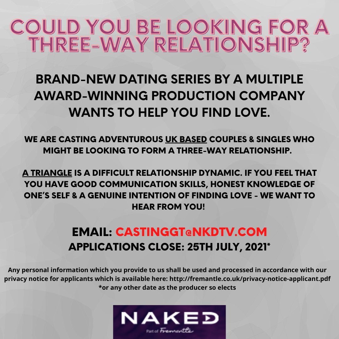 <a href="/tellycastings/">Telly Castings 🎬</a> Pls RT we're looking for couples &amp; singles for new DATING TV SERIES. If you are a couple looking to invite a 3rd person into your r'ship or a single searching for your dream duo - we want to hear from you! This is for a brand-new show for a MAJOR UK BROADCASTER