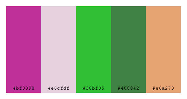 ColPaletteBot's tweet photo. Beep beep, here's a pretty color palette for you!
color-scheme.js parameters used:
- hue: 181
- variation: pastel
- colors: #bf3098, #e6cfdf, #30bf35, #408042, #e6a273
Have a lovely day!
#twitterbot #colorpalette #colors #palette #prettycolors https://t.co/DCVxychZx1