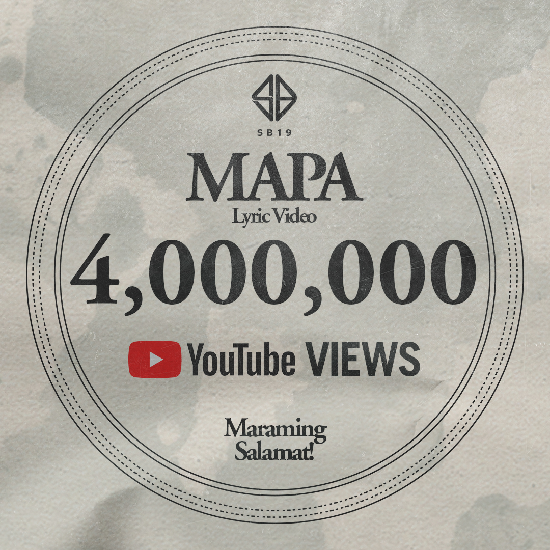SB19Official's tweet photo. Ibang klase ang achievements nA'TIN ngayon! Maraming salamat! 🙌

🎧 Listen on Spotify: https://t.co/qRfs4SIZ5X
💿 Watch #SB19MAPA on YouTube: https://t.co/9l5FEDHe5m

#SBNineteenMAPA4MViews #SB19MAPA3MonSpotify https://t.co/JWcsVYllxE
