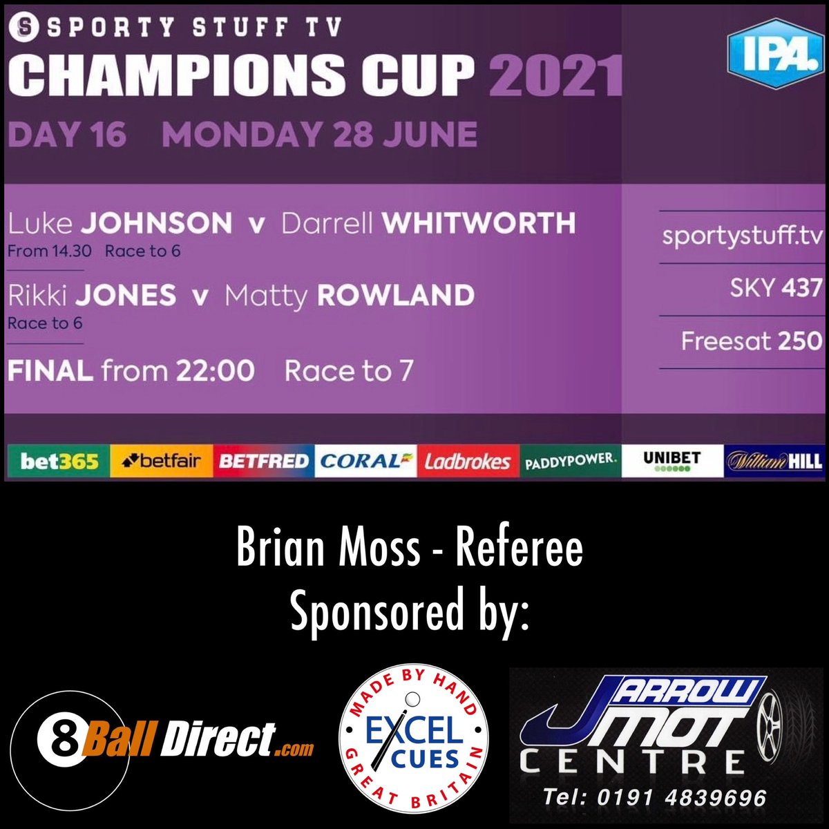 🎱 Gloves back out this week!
<a href="/IPAPool/">IPA Pool 🎱</a> Champions Cup 2021 gets it’s final last 16 player today😃

📺💻📱We’re live on <a href="/tv_sporty/">SportyStuffTV</a> 2:30pm and 10pm👌🏼

<a href="/KellyScottRadio/">Kelly Scott</a> anchoring us with <a href="/JAGMediaService/">JAG Media Services</a> keeping the show rolling😃🤙🏼

Who’s going through?!🤷🏼‍♂️