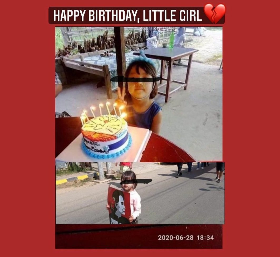SuLaPyaeZaw1's tweet photo. A four years old girl celebrate her birthday in prison. It's been two weeks since they put her in prison together with her mother since they could'nt capture her dad. 
What a cruel world. 
#WhatishappeninginMyanmar 
#childabuse
#savethechildren
#June28Coup https://t.co/B6zz35Ab3x