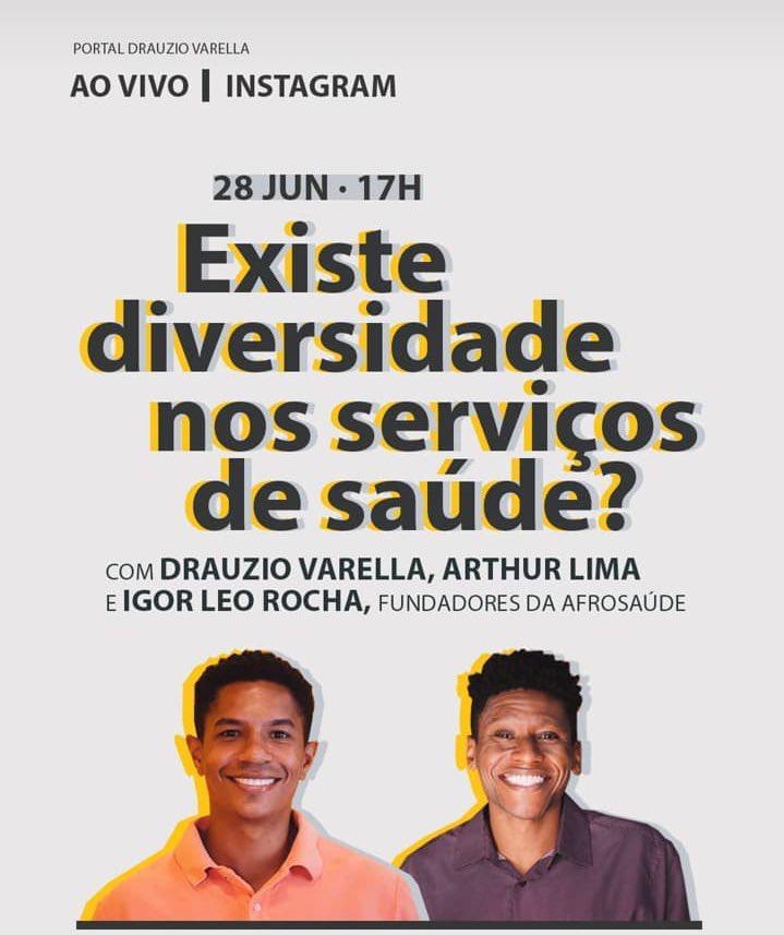 AfroSaude's tweet photo. Existe diversidade nos serviços de saúde? Hoje, às 17h, Drauzio Varella (@sitedrauziovarella) vai conversar ao vivo no instagram com os fundadores da AfroSaúde @igorleorocha  e @arthurigor.

Ative a notificação para a live: https://t.co/CzStDTJ8hp https://t.co/3tR0bNV51v