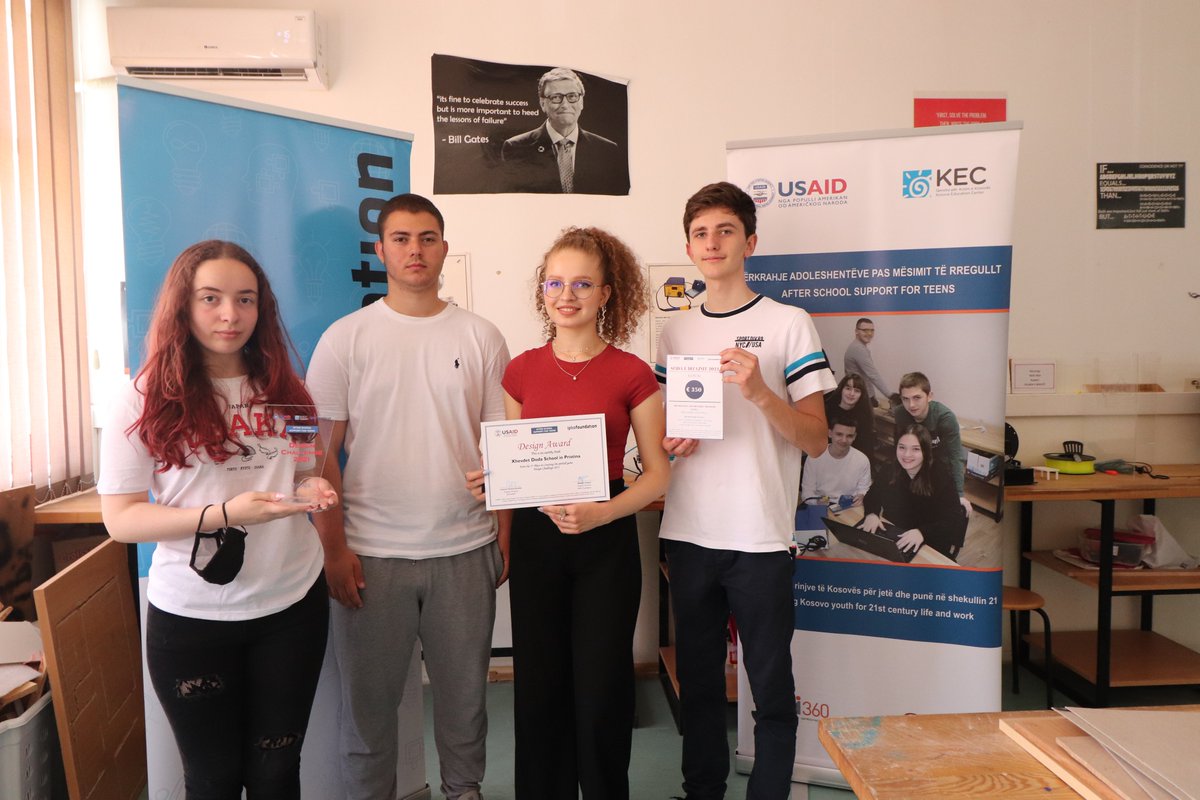 thefoundation_h's tweet photo. The innovative idea of students from โXhevdet Dodaโ school in Prishtina has been awarded with the first place in category 'Pinball' at #DesignChallenge2021. Today, our Executive Director @AbetareG1 together with #ASSET team shared the prize to the winning team. @USAIDKosovo https://t.co/Mdf7Pm9R5J