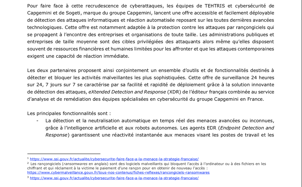 tehtris's tweet photo. 🤩 Heureux de vous annoncer notre partenariat @capgeminifrance @sogeti_fr pour renforcer la #cybersecurite des acteurs publics et entreprises via une offre de détection et réponse automatisée aux #cyberattaques avec une solution souveraine innovante. 1/3

#ManagedXDR #ManagedEDR https://t.co/0PTKuH0bWx