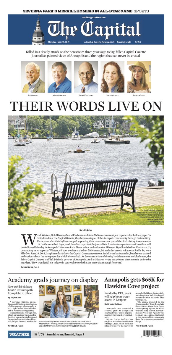 capgaznews's tweet photo. Three years after an attack on our newsroom, we honor our fallen colleagues with their own words about Annapolis. Check out today's edition of The Capital at: https://t.co/itTYfLNeCs https://t.co/hU9sIpCW8N
