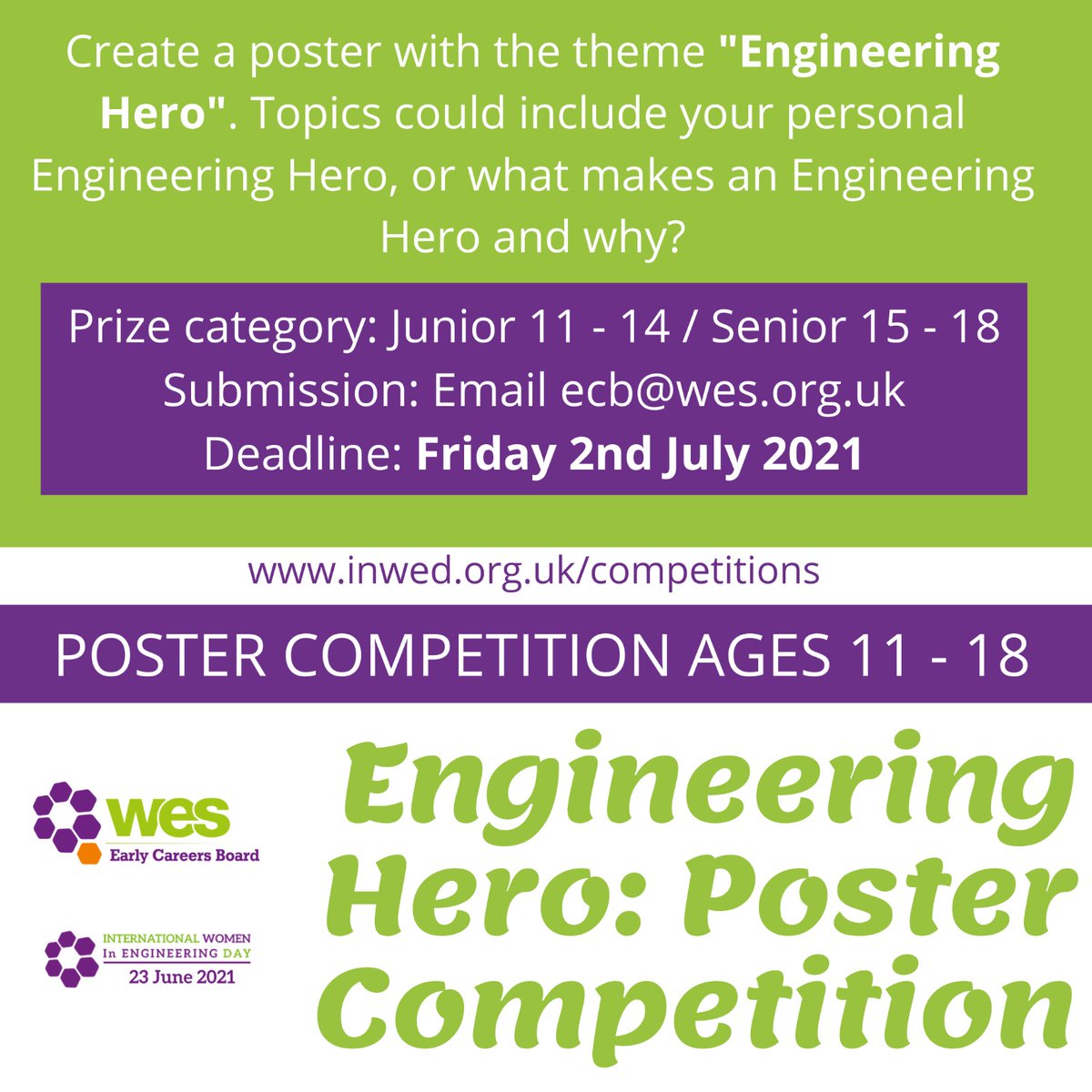 A reminder that the @WESECB1919 #INWED21 competitions are still open! 🥳 We have two competitions running on the theme of #EngineeringHeroes: 
1) Draw an Engineer (ages 5-11)
2) Poster Competition (ages 11-18)
Go to inwed.org.uk/competitions for all the details!