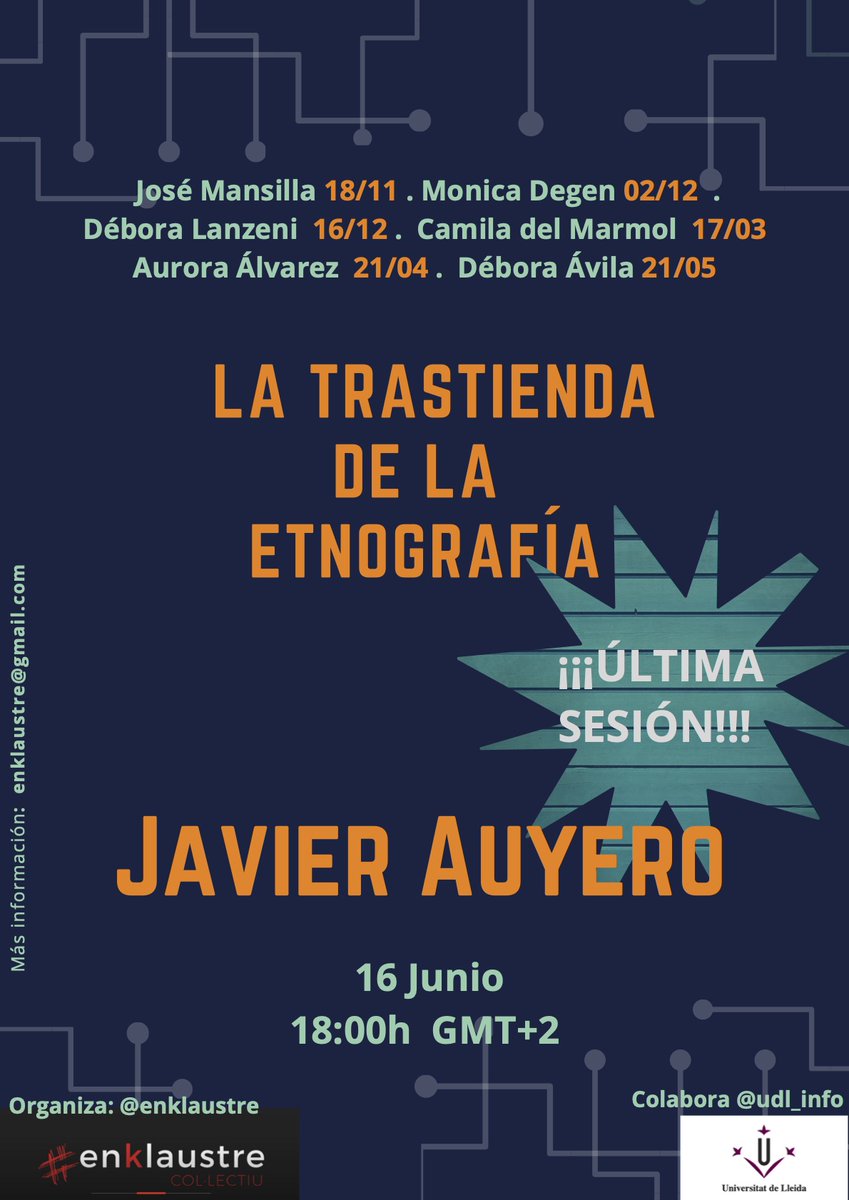 enklaustre's tweet photo. Atención, en menos de una hora (18h) última sesión de la "Trastienda de la etnografía" con Javier Auyero. Hablaremos de marginalidad, violencias y etnografías. ¡No os lo perdáis! Estaremos aquí: https://t.co/jDpzOtMvOW https://t.co/n7gKSTYFLA