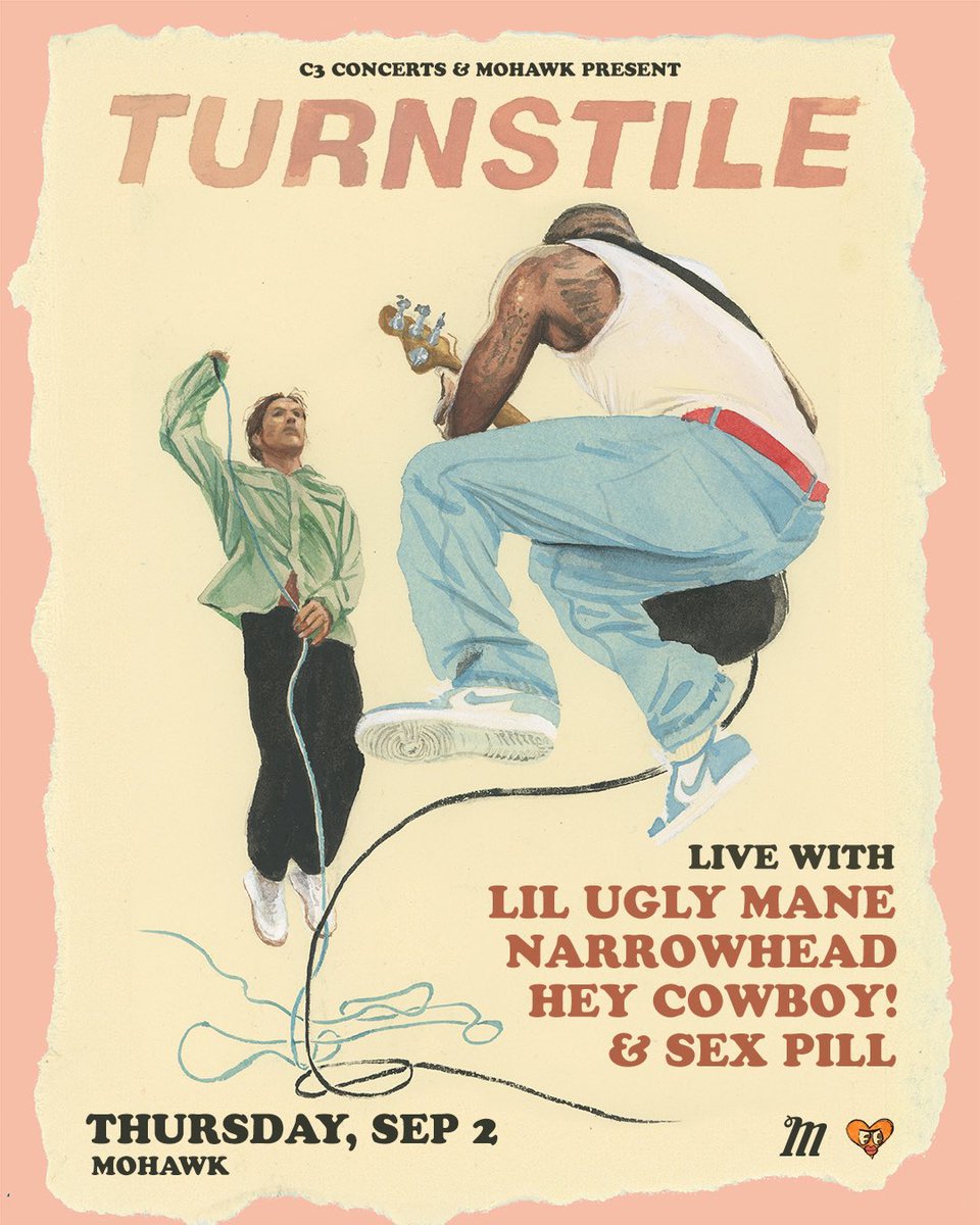 Just announced: @c3concerts + Mohawk present @TURNSTILEHC with Lil Ugly Mane @NARROW_HEAD, @hey_cboy , Sex Pill Thursday, September 2nd! Tickets on sale NOW at mohawkaustin.com