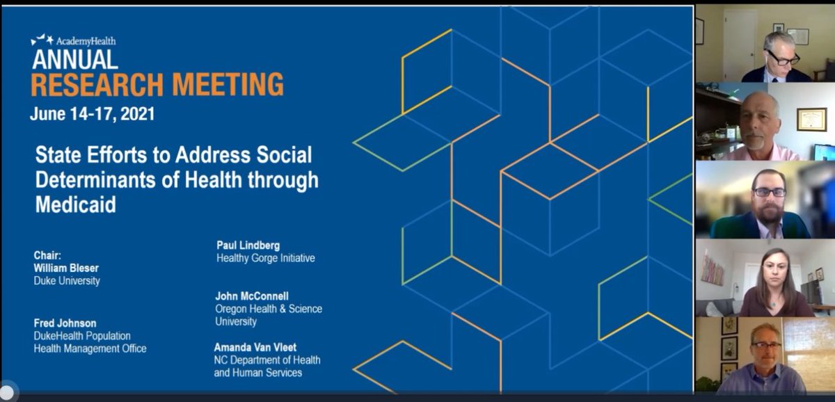 1/4 At @AcademyHealth #ARM21, I moderated a policy roundtable on #Medicaid #paymentreform #SDoH work. 4 A+ panelists doing this #HealthPolicy! 
-@amvanvleet, @ncdhhs
-Fred Johnson, @Duke_FamMed
-@kjohnmcconnell, @OHSU_CHSE
-Paul Lindberg, @GorgeHealthy

cc @DukeMargolis @DukeU