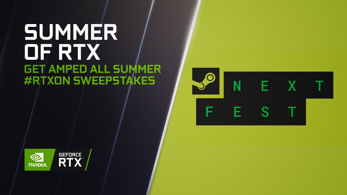 NVIDIAGeForce's tweet image. Join us today as we tune into #SteamNextFest!

What demos are you most excited for?! Drop a reply below and comment #RTXON.

Remember to like + RT + comment across any post all Summer long for your chance to WIN big!