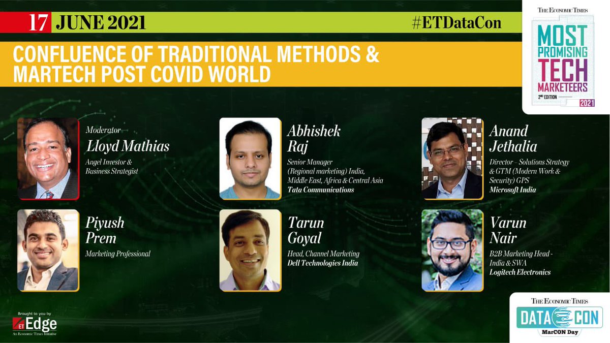 Moderating this #ETUnwired panel at 11 AM tomorrow on the Confluence of Traditional Methods & #Martech comprising Tarun Goyal of Dell, Varun Nair of Logitech, Piyush Prem of Anaplan, Abhishek Raj of Tata Comm & Anand Jethalia of Microsoft. #ETDataCon