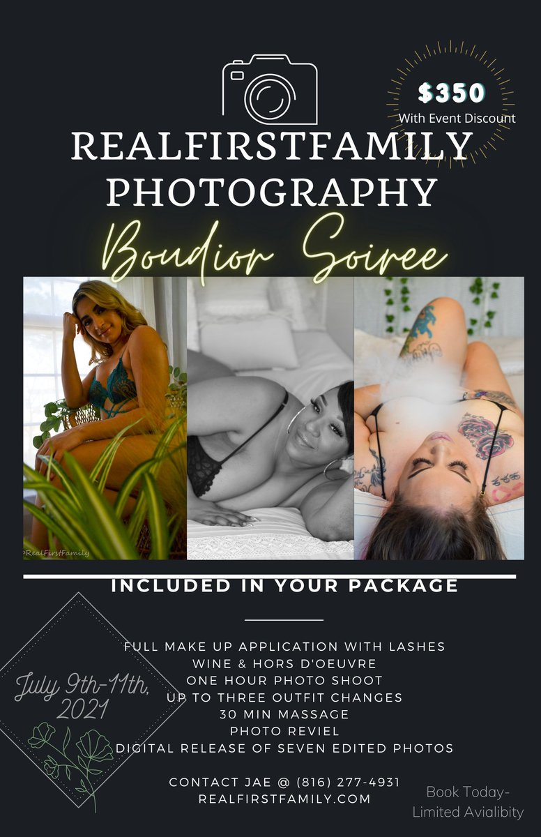 RealFirstFamily's tweet image. Special discount weekend coming up for the Boudior Soiree Expierence! Limited spots book yours now! 

#kcphotography #boudior #soiree #relaxingtime #treatyourself #discount #special #realfirstfamilyentertainment