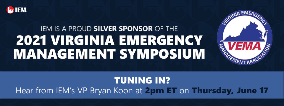 IEMNews's tweet photo. IEM is a proud sponsor of the 2021 Virginia Emergency Management Symposium. Attending #VEMS? Be sure to tune in tomorrow, June 17 at 2pm ET to hear remarks from Bryan Koon, IEM VP of Homeland Security and Emergency Management.

#VEMS2021 #VEMA #emergencymanagement #proudsponsor https://t.co/WAIvk5FFpy