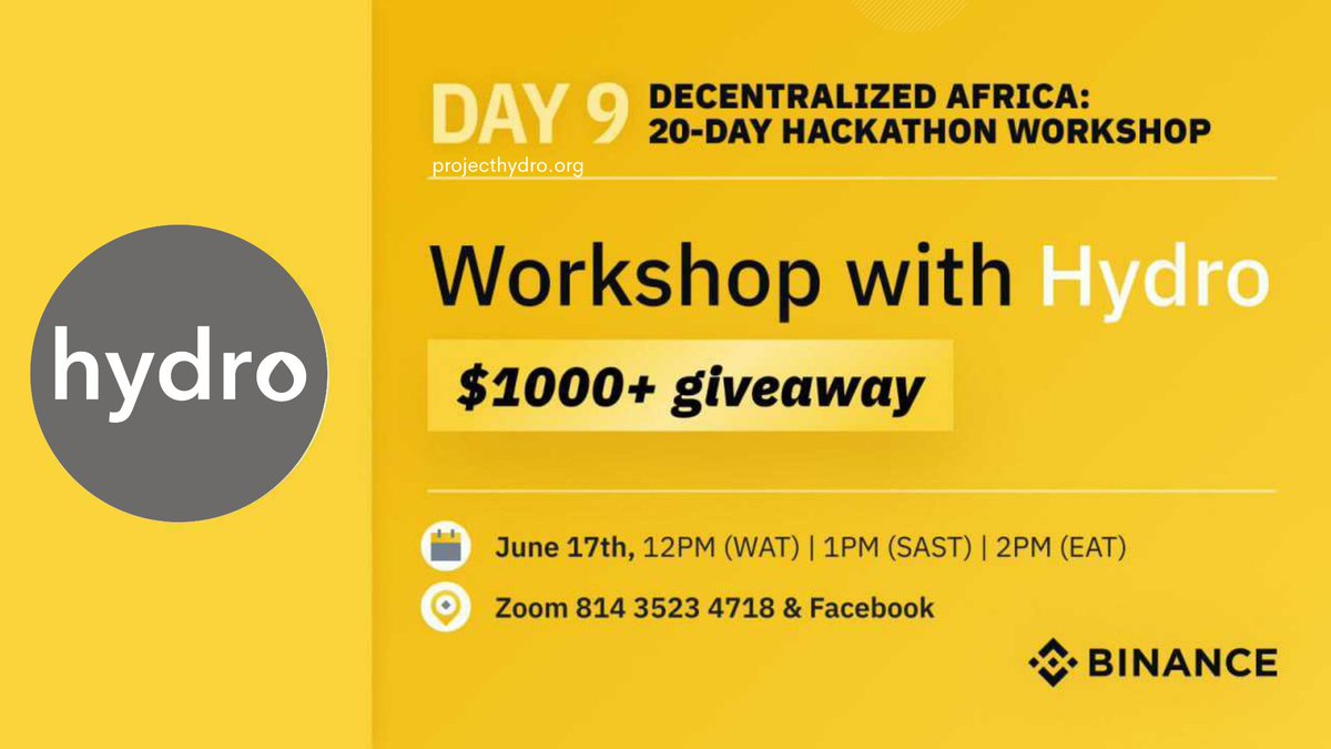 HydroBlockchain's tweet image. We&apos;re glad to announce that @BinanceAfrica will be hosting Project Hydro in the #Africahackathon tomorrow 17th June, 2021 at 12pm WAT. 

Register: us02web.zoom.us/webinar/regist…

Join and stand a chance to win out of the $1000+ rewards pool.
Come one, come all.