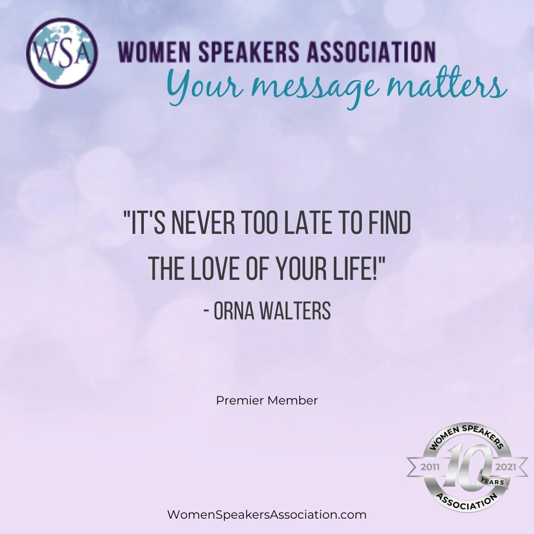WomenSpeakAssoc's tweet photo. "It's never too late to find the love of your life!" - #WSAPremierMember Orna Walters (@OrnaAndMatthew)
#WSAPremierMemberQuote #love #truelove https://t.co/DqrWn2Liwe