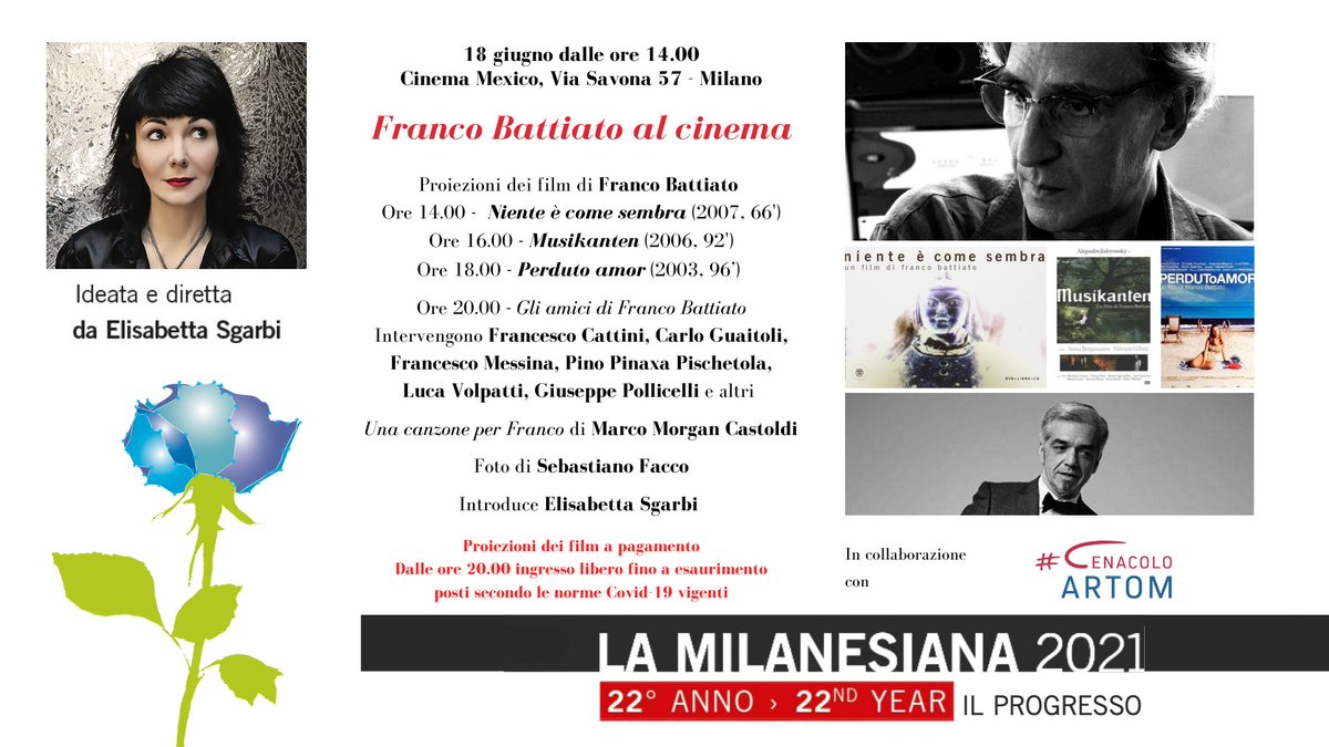 "La mente è un tesoro che soddisfa il desiderio, scrigno di ogni possibile cosa." (Apriti Sesamo).
Il #cinema di Franco Battiato: venerdì dalle 12.00 al Cinema Mexico di Milano i suoi film e dalle 20.00 parole e musica con i suoi amici (<a href="/InArteMorgan/">Morgan</a>, @pinaxa...) per ricordarlo.