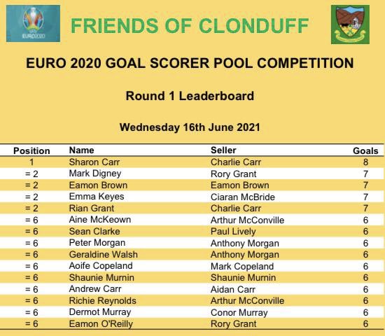 🟡Euro 2020 Goal Scorer Pool Competition🟡
Many thanks to everyone who has supported our Euro 2020 Goal Scorer Pool Competition!
Here is the leaderboard after the first Round of games ……⬇️⬇️⬇️
Best of luck to all involved and thanks again to everyone for your continued support!