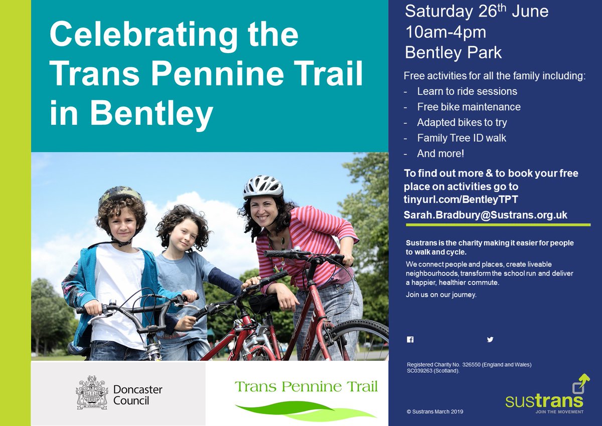 Celebrate the opening of the Trans Pennine Trail improvements between Bentley and Shaftholme Lane with our celebration event on Saturday 26th June at Bentley Park. 

Activities for all including Learn to Ride, Free Dr Bike checks, Tree ID Walk and adapted bike try outs.