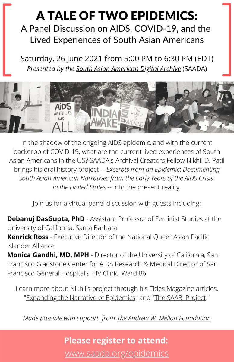 i'm excited to moderate this panel w/ such distinguished speakers (@DebanujDasGupta @NQAPIA @MonicaGandhi9) & launch my @SAADAonline fellowship final project. hope you can attend! please register: saada.org/epidemics

#EpidemicExcerpts #SAADA #AIDS #COVID19 #SouthAsianHistory