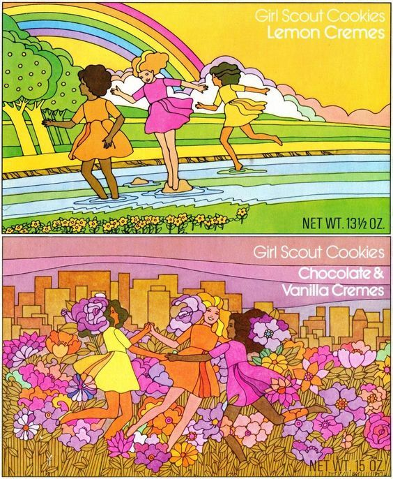 this style of art makes me so happy
Ads for Girl Scout Cookies, early 1970s