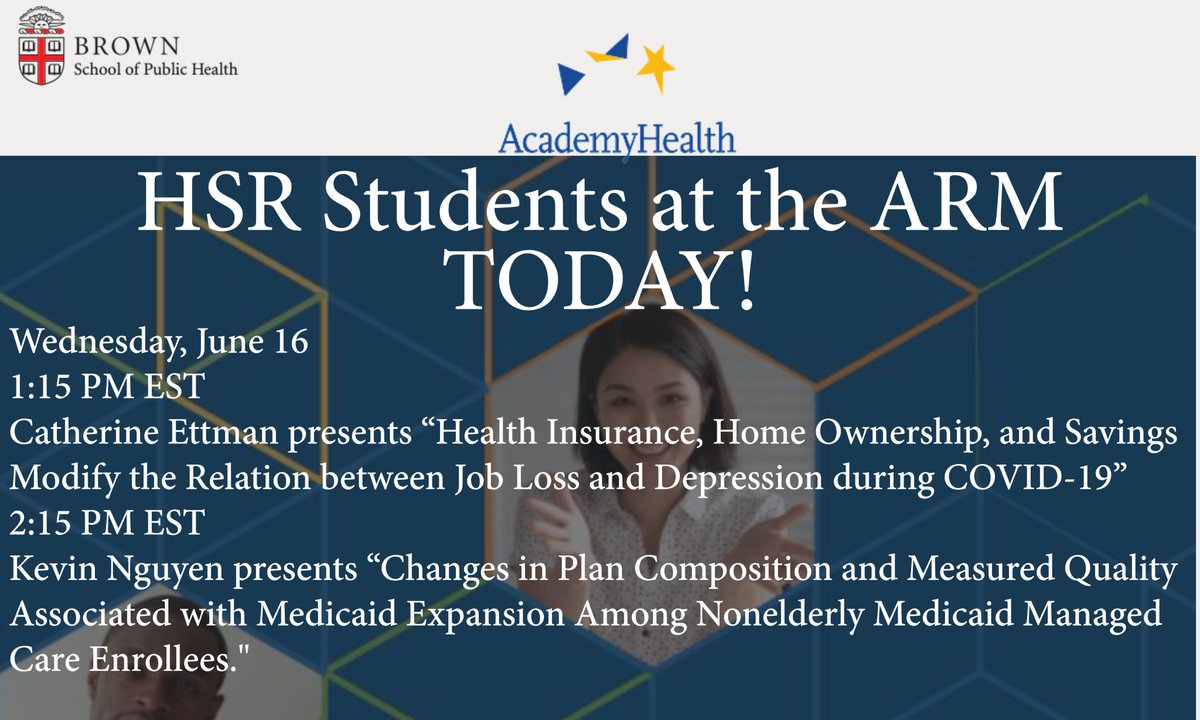 BrownHSPP's tweet photo. Catch Brown's HSR PhD students at the #ARM21! Today @CatherineEttman &amp; @KevinHNguyen18 will featured at 1:15 PM &amp; 2:15 PM. Come see what the buzz is all about!
@Brown_SPH @BrownGradSchool @BrownGero @amal_trivedi @HassenfeldChild https://t.co/ayarPBiTVP
