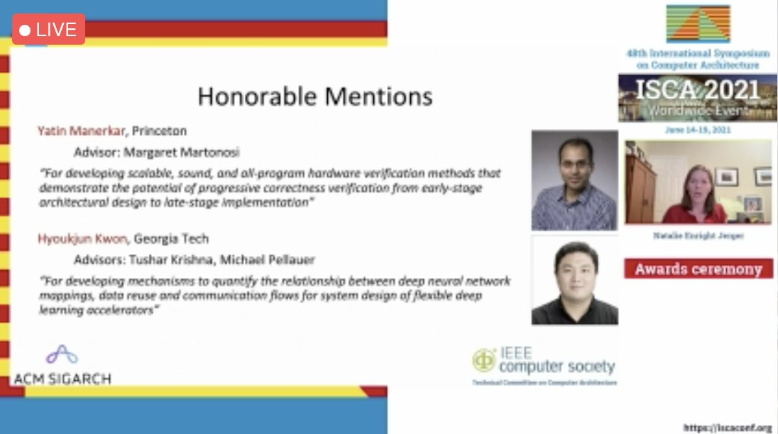 ISCA (@iscaconforg) on Twitter photo Prof. <a href="/nenrightjerger/">Natalie Enright Jerger</a> presents the TCCA Outstanding Dissertation Award to Dimitrios Skarlatos! 🎉👏 And honorable mentions to Yatin Manerkar and Hyoukjun Kwon! 🎊 #isca2021 Prof. <a href="/nenrightjerger/">Natalie Enright Jerger</a> presents the TCCA Outstanding Dissertation Award to Dimitrios Skarlatos! 🎉👏 And honorable mentions to Yatin Manerkar and Hyoukjun Kwon! 🎊 #isca2021