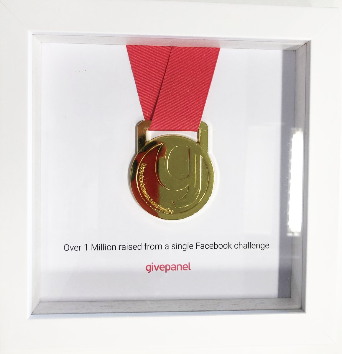 Gold medal with red ribbon. Text on display case reads: Over 1 million raised from a single Facebook challenge. Givepanel