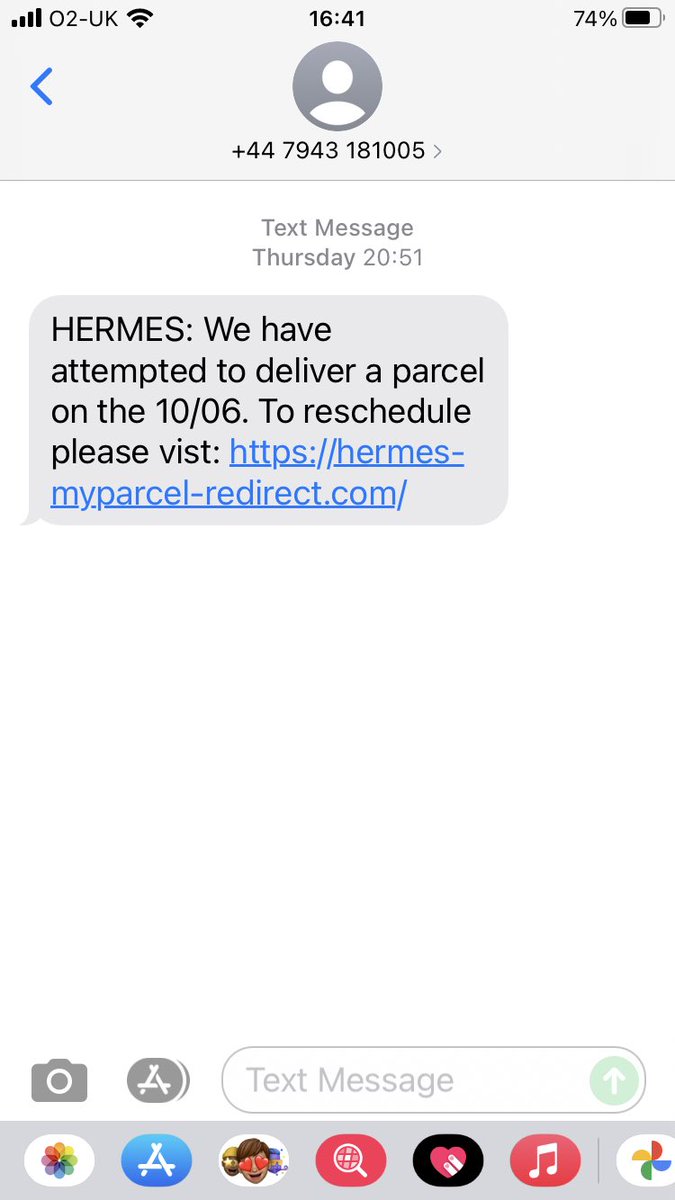 01victoria's tweet photo. @Hermesparcels hi I have a text from you directing me to a website - think it’s a scam but without a tracking number I can’t call https://t.co/o0kYJc0hLy