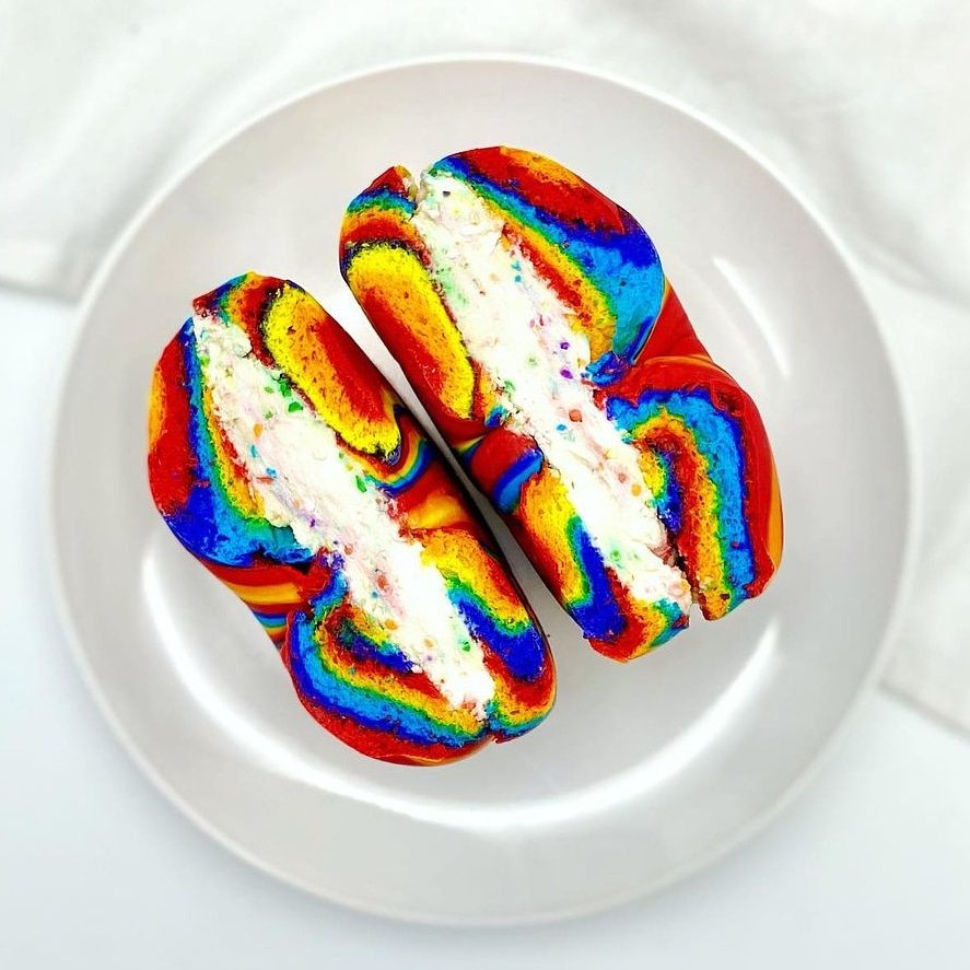 thebagelstore's tweet photo. What better breakfast to celebrate pride month than with a rainbow bagel with tofu sprinkle cream cheese?! https://t.co/jizrhdo2P5