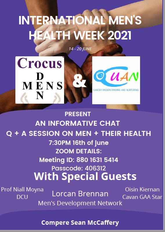 MonaghanHealthy's tweet photo. Join Crocus Monaghan Mens Den this evening for this event which marks #MensHealthWeek . The theme this year is to encourage men to Check in, Check up &amp; Check it out! 
Join on Zoom at 7.30pm
https://t.co/j1mlDKmLU9...
Meeting ID: 880 1631 5414
Passcode: 406312 https://t.co/nCIpIkAlkB