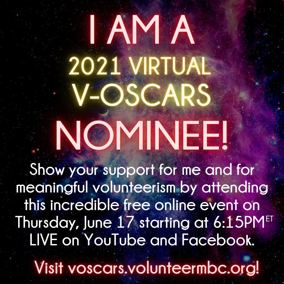 We have been nominated for a Virtual Oscar by #VOSCARS2021 Tune in on Facebook or YouTube to watch the ceremonies at voscars.volunteermbc.org.