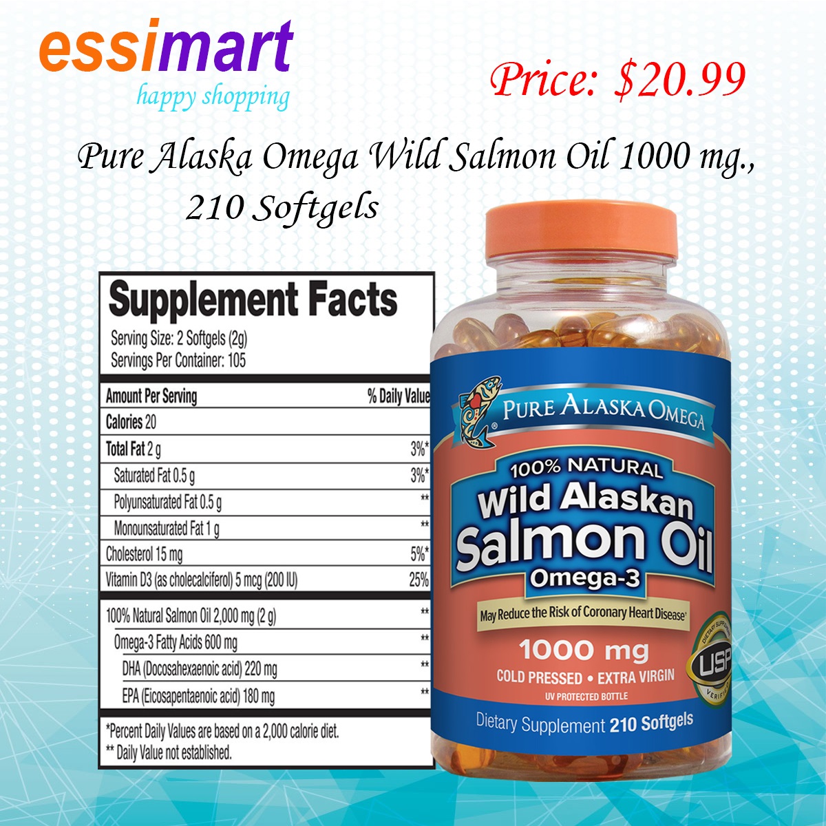 essimart's tweet image. Pure Alaska Omega Wild Salmon Oil 1000 mg, 210 Softgels.
Price: $20.99
Details: essimart.com
Features: 
Natural Triglyceride Form
Cold-Pressed, Extra Virgin Extraction Process
Wild Caught, Certified Sustainable
Deliver 600mg Omega-3 Fatty Acids
Using wild-caught salmon