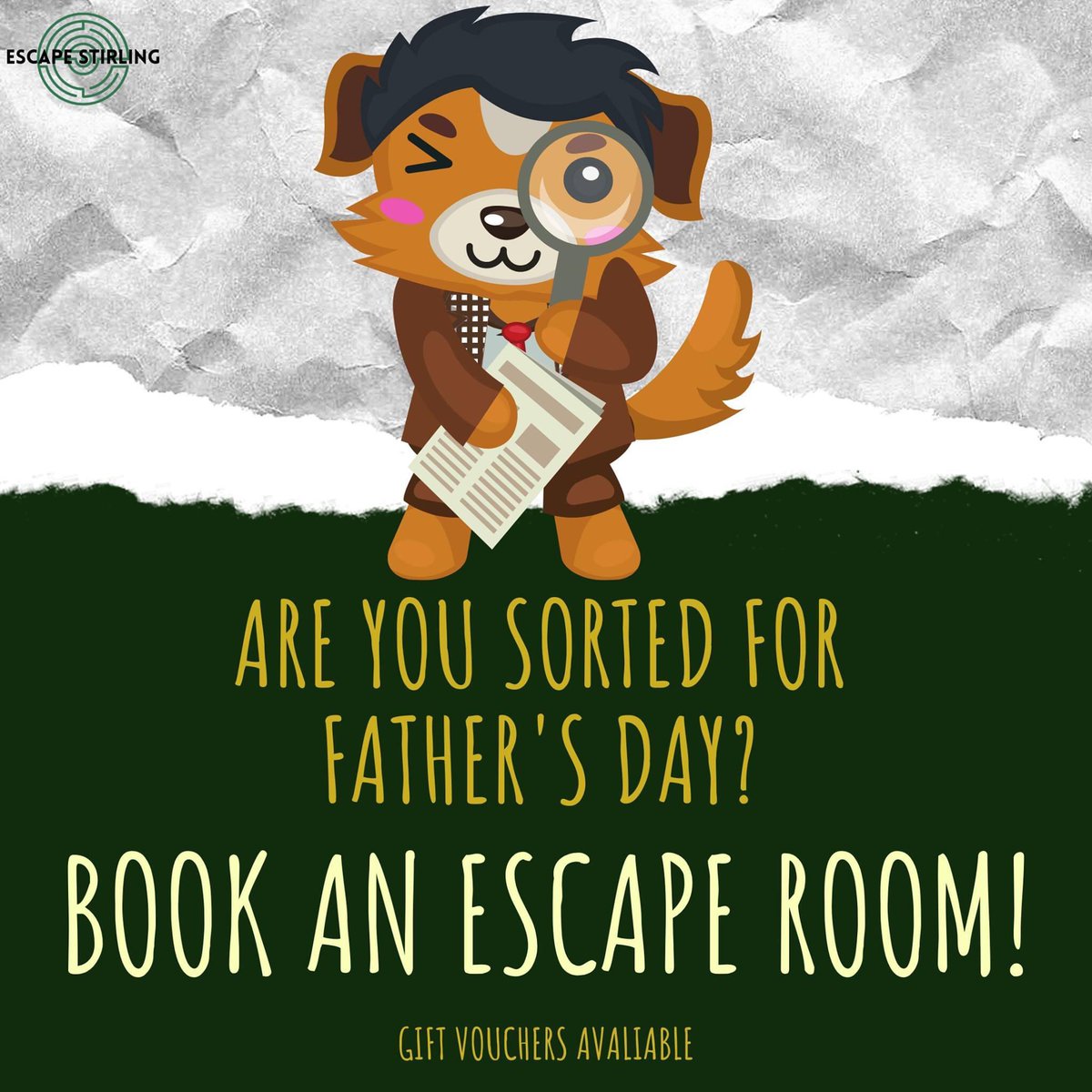 EscapeStirling's tweet photo. This Sunday is Father's Day! Are you prepared for it? 
Book an experience for any sleuthing dads! Or buy a gift voucher for a future visit. 
https://t.co/zEmfKnQu8t

#fathersday #giftvoucher #fathersdaygifts #escaperoom #giftanexperience #detectivedad #visitscotland #stirling https://t.co/iI8TTiO3M0