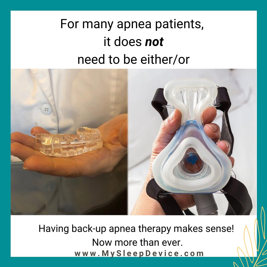 MySleepDevice's tweet image. I recommend my patients have a back-up treatment if possible in the event their primary tx breaks/gets lost.  Apnea patients often benefit from both tx’s.
#cpaprecall #philips #CPAP #oralappliancetherapy #apnea #sleepapnea  #sleepapneadentist  #sleephealth #osa #dentists #aadsm