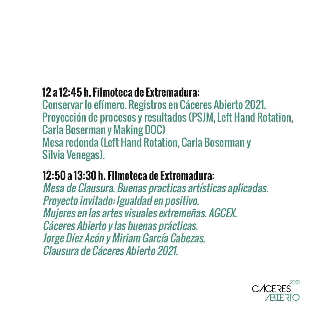 Esta es la programación de las actividades de clausura de este domingo 20 de junio en la <a href="/FilmotecaEx/">Filmoteca de Extremadura</a> con proyecciones, mesas redondas y buenas prácticas.

#cáceresabierto2021 #ArtePúblico #CulturaContemporánea #CáceresAbierto