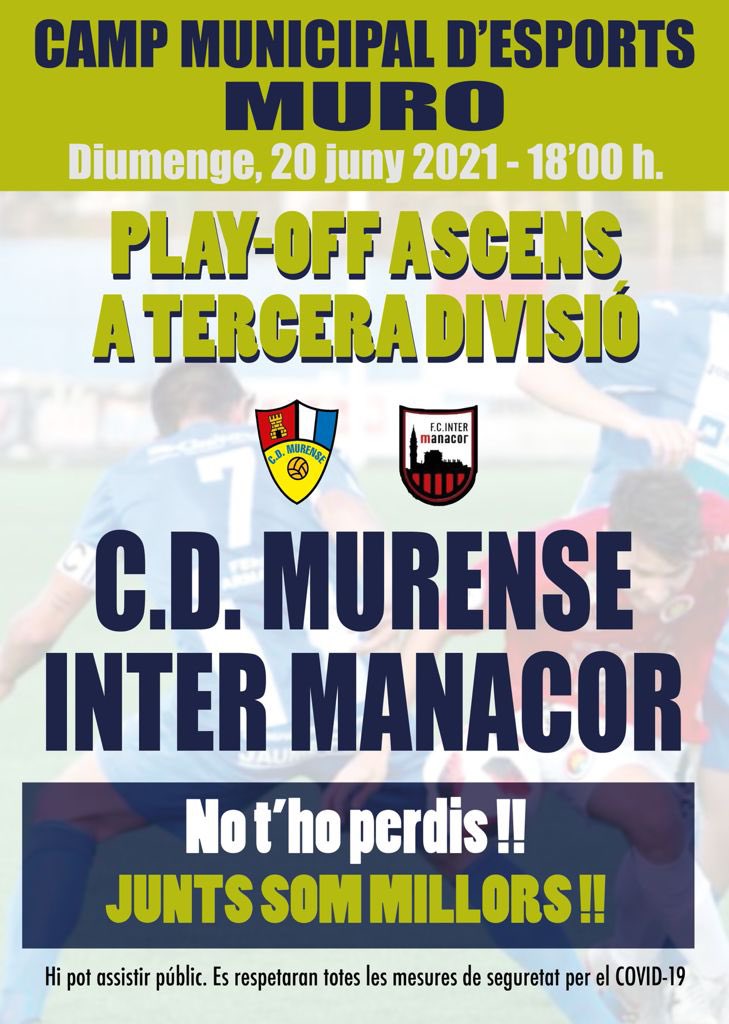CDMurense's tweet photo. 𝙋𝙖𝙧𝙩𝙞𝙩 𝘾𝘿 𝙈𝙐𝙍𝙀𝙉𝙎𝙀 
𝙀𝙡𝙞𝙢𝙞𝙣𝙖𝙩ò𝙧𝙞𝙖 𝙖𝙨𝙘𝙚𝙣𝙨 𝙖 3ª
Diumenge mos ho jugam tot per ascendir a 3ª Divisió.
👏🏻 Vine a animar a l’equip i entre tots sumarem a la victòria 🥇
Força #cdmurense https://t.co/6jtVAq8fIZ
