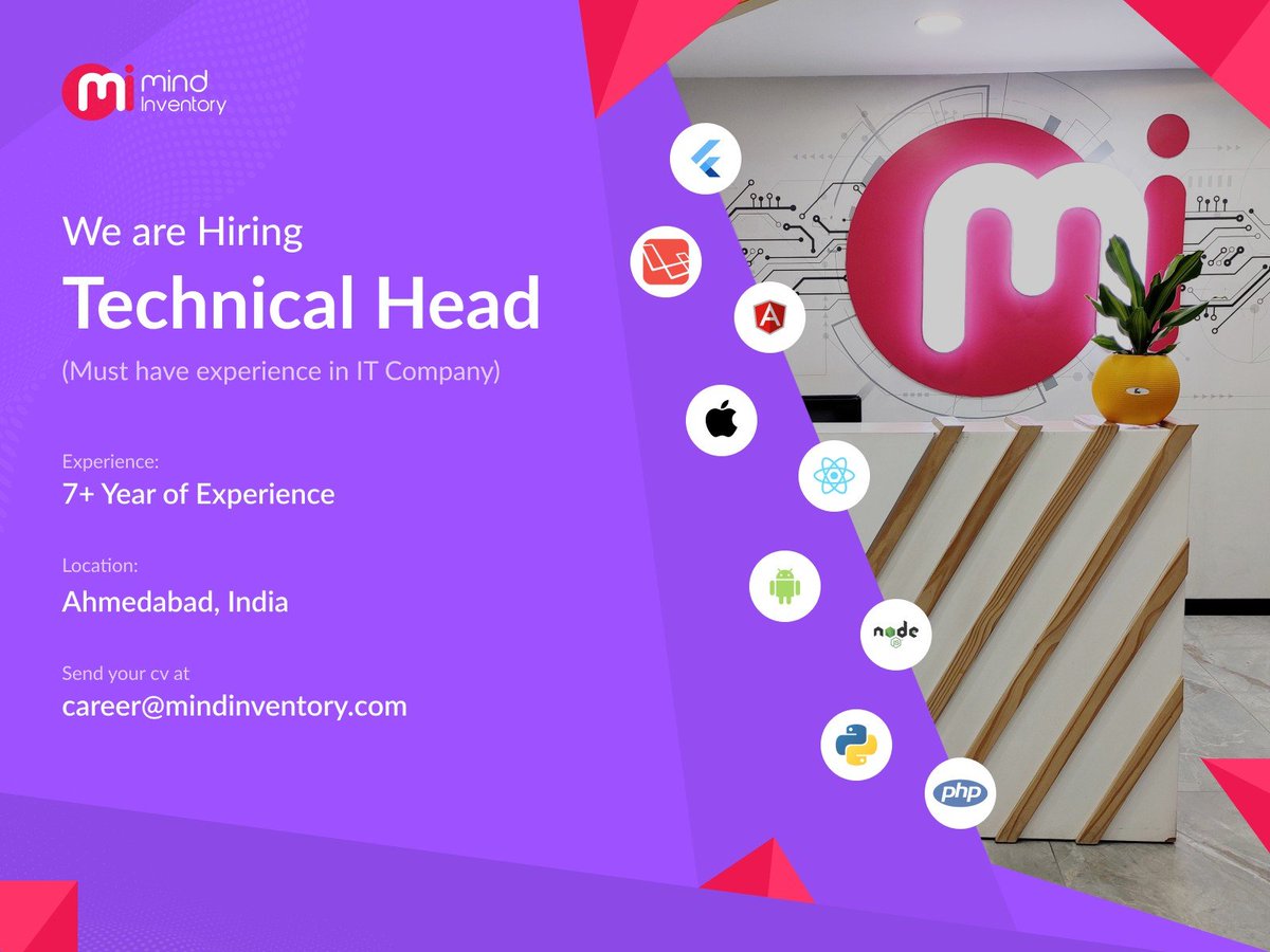 Mindinventory's tweet photo. Hello Connections,

We are hiring #TechnicalHead to join our team.

Experience Needed - 7+ years (IT Company)
Working Days: 5 Days/Week

If you are looking for such opportunity please send an updated resume at career@mindinventory.com

#MindInventory #JobOpening #Hiring #TechLead https://t.co/JM5oXbP3t3