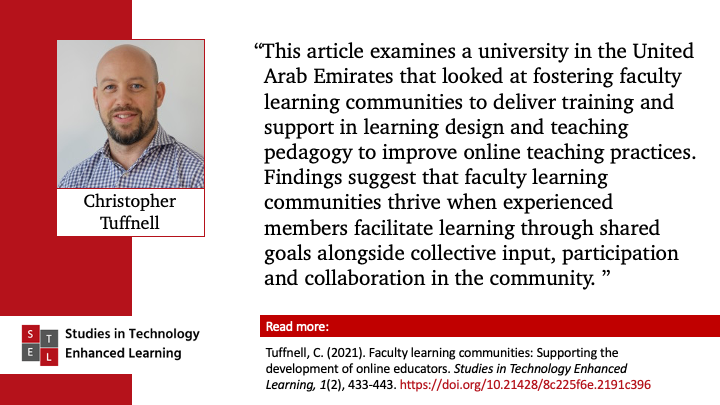 StudiesinTEL's tweet photo. Faculty learning communities: Supporting the development of online educators. Read the paper by @chris_tuffnell in our open-access journal.
https://t.co/9VPHBajKjE
#StudiesinTEL #elearning @CtelLancaster https://t.co/HjrOoD8c92