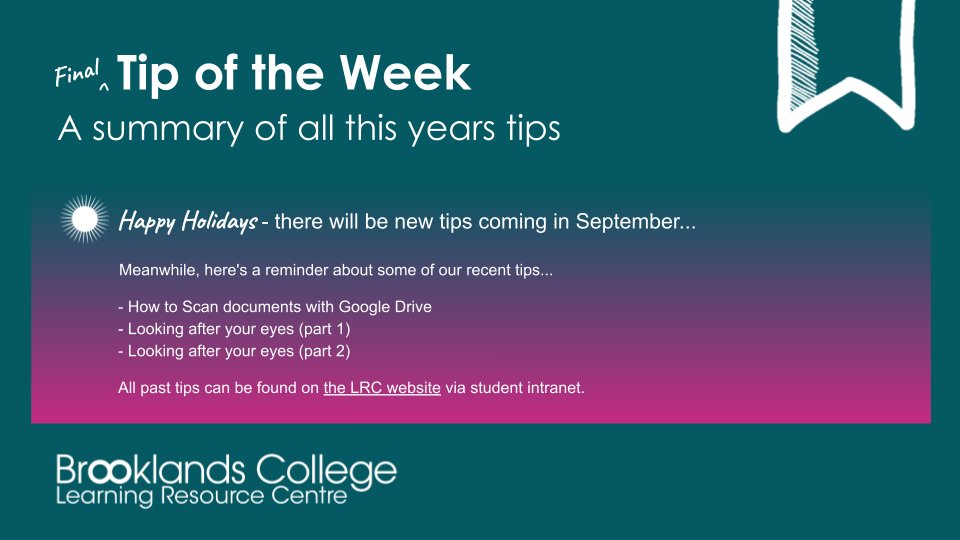 BCLibraryWA's tweet photo. 💡Our final #tipoftheweek this academic year is a summary of all this years tips and where to find them. 
Happy holidays! We hope you have found these tips helpful. There will be new tips coming in the future....
@FEBrooklands
 
For more information visit: https://t.co/0l2MJvO1g0 https://t.co/d4fkPU27qG
