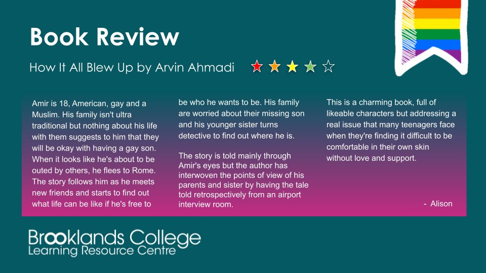 BCLibraryWA's tweet photo. 🏳️‍🌈It's #bookreviewfriday and time to share our review of How It All Blew Up by Arvin Ahmadi.
@FEBrooklands @arvinahmadi

To read the review in full please go to LRC blog from Monday: https://t.co/hHBuZtHYQl https://t.co/qgiExu3nmA
