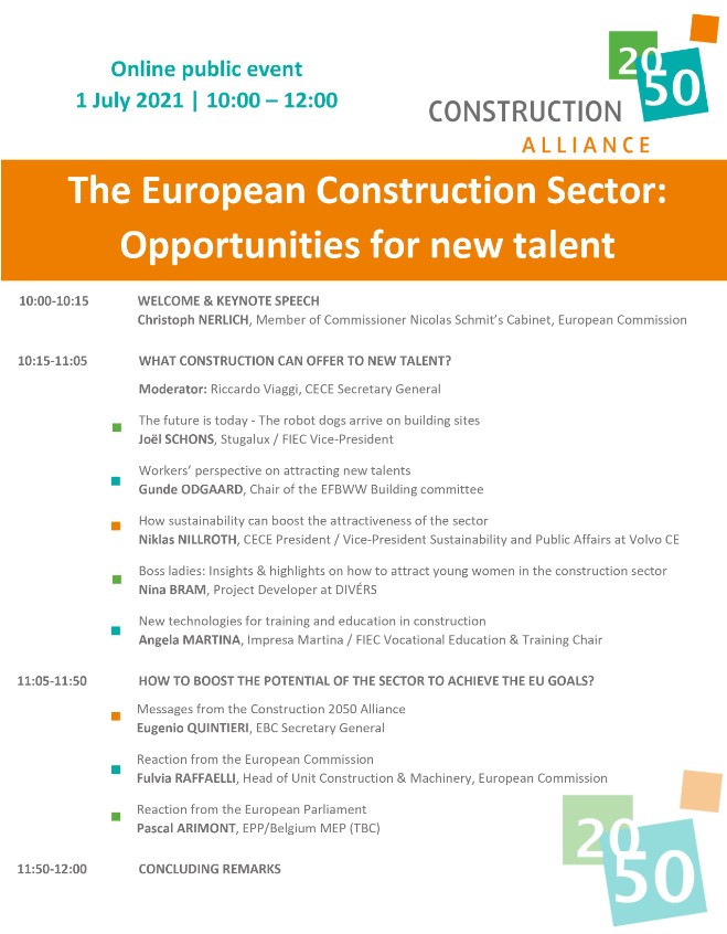 📢 The programme of our next #EUConstruction2050 event is out ⤵️

Focus on the opportunities for new talent in the 🇪🇺 #construction sector

📌 July 1️⃣, 10.00-12.00
📝 To register: bit.ly/3p6uphg

#EUGreenDeal #RenovationWave #BuiltEnvironment #SustainableBuildings