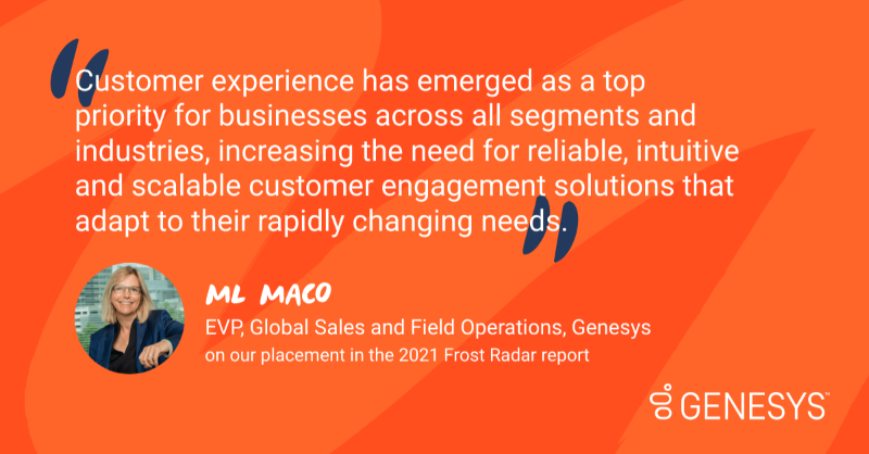 Genesys's tweet photo. [NEWS] Genesys receives the highest ranking in the newest @Frost_Sullivan report.🥇 

Hear from our own EVP of Global Sales and Field Operations, ML Maco, about how Genesys is differentiating itself in the #cloud #contactcenter industry. #GenesysCloud