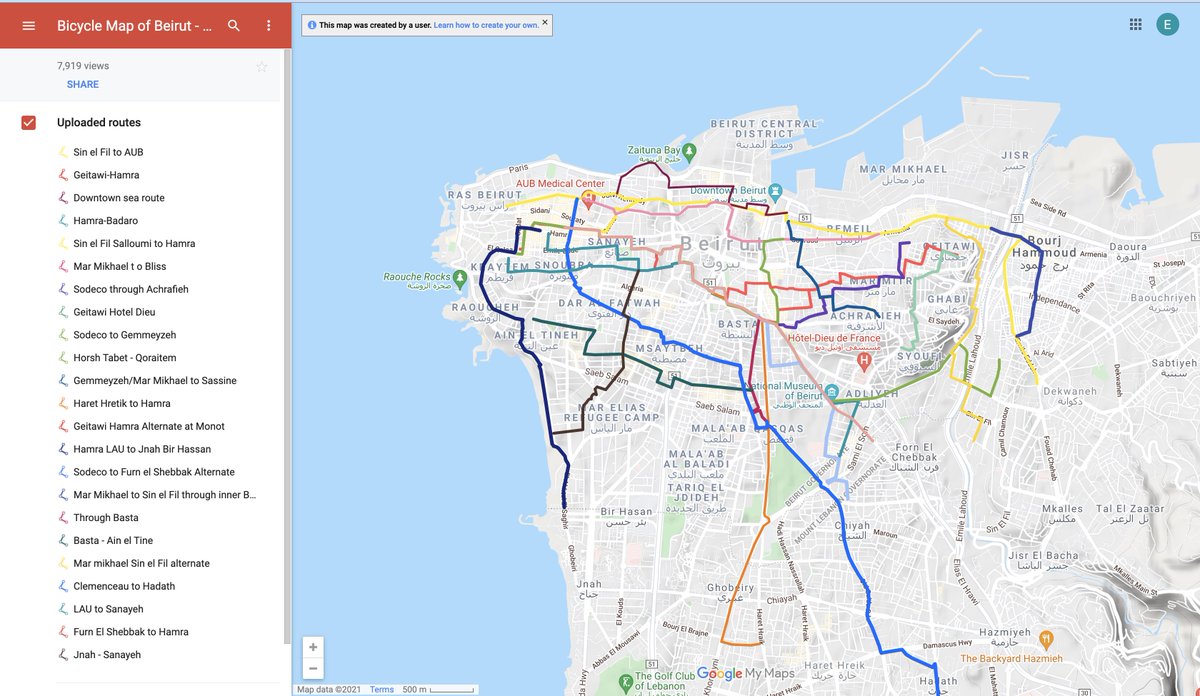 most trips in and around Beirut are less than 5km - use our map of bicycle friendly routes to try cycling for a change ! bit.ly/35s2u2d @The_ChainEffect #عشرين_30 #عدالة_التنقل