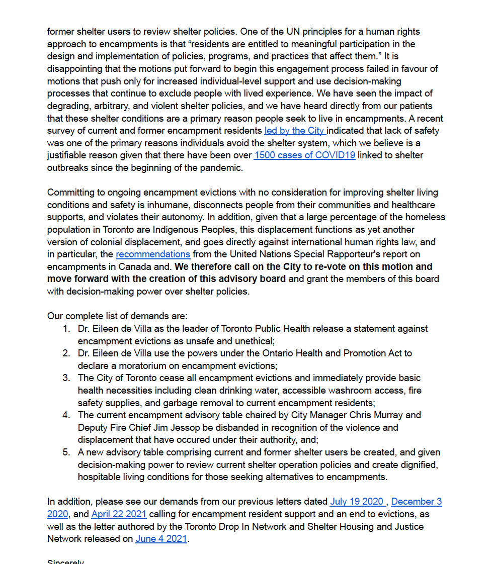 ATTN: HPAP and the <a href="/streetnursesTO/">Street Nurses Network Toronto</a> have sent the following letter to <a href="/JohnTory/">John Tory</a> <a href="/epdevilla/">Dr. Eileen de Villa</a> Chris Murray and <a href="/TFSJessop/">Jim Jessop</a> with our demands to END encampment evictions immediately. 

Evictions are NOT a health intervention. Full stop. 

#NoEncampmentEvictions #TOPublicHealthFAIL