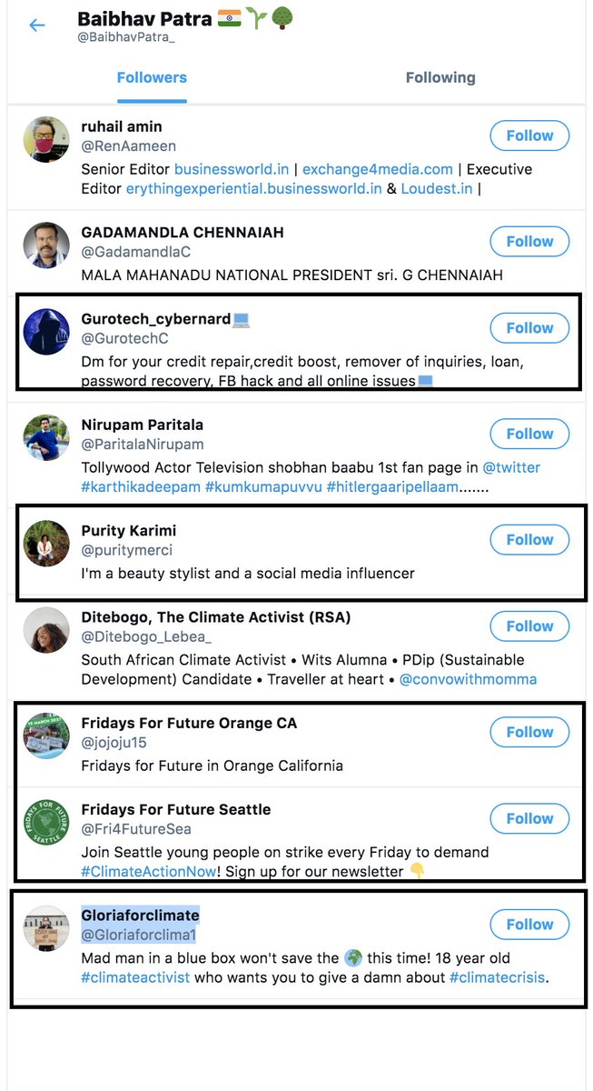 First follower is Gloriaforclimate (another actor) we'll get back to her later.Next 2 are CA & Seattle FFF branches. No NGO follow back for No reason, trust our experience, it's super hard to get followback from them.Couple of other followers, see for yourself the quality: