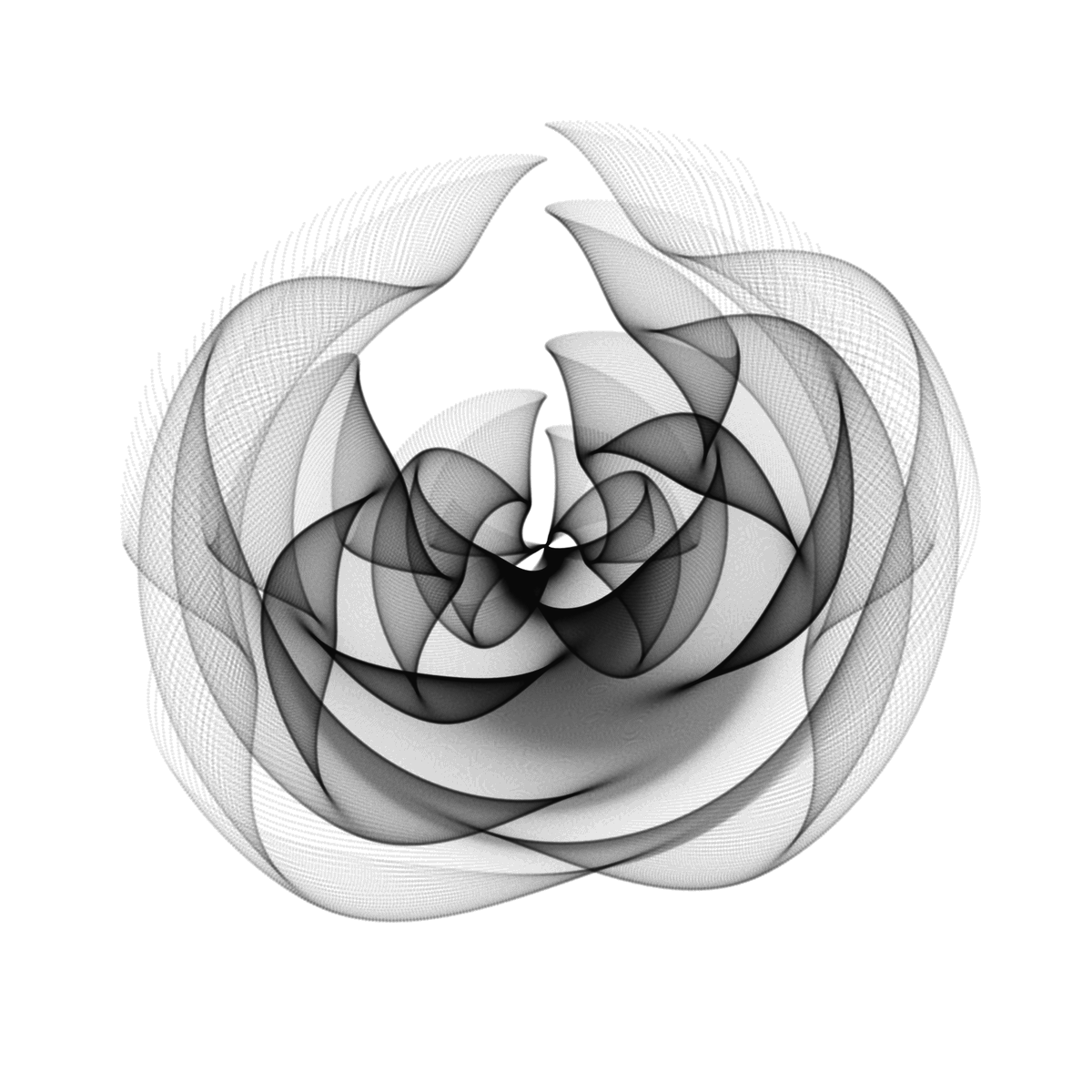 aschinchon's tweet photo. #rose
library(tidyverse)
seq(-3,3,by=.01) %>%
  expand.grid(x=., y=.) %>%
  ggplot(aes(x=(1-x-sin(y^2)), y=(1+y-cos(x^2)))) +
  geom_point(alpha=.05, shape=20, size=0)+
  theme_void()+
  coord_polar()
#rtistry #rstats #Maths #generativeart https://t.co/vAVeQU0K2o
