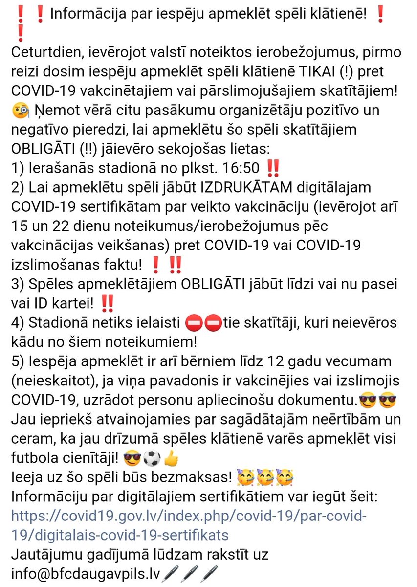 BFC Daugavpils (@daugavpilsbfc) on Twitter photo ⚽️rīt pēdējā mājas spēlē pirms izbraukuma sērijas tiksimies ar <a href="/fkventspils_/">FK Ventspils</a>!
🔙pirmo reizi šajā sezonā ierobežotā skaitā spēli būs iespējams apmeklēt arī skatītājiem! ⚽️rīt pēdējā mājas spēlē pirms izbraukuma sērijas tiksimies ar <a href="/fkventspils_/">FK Ventspils</a>!
🔙pirmo reizi šajā sezonā ierobežotā skaitā spēli būs iespējams apmeklēt arī skatītājiem!