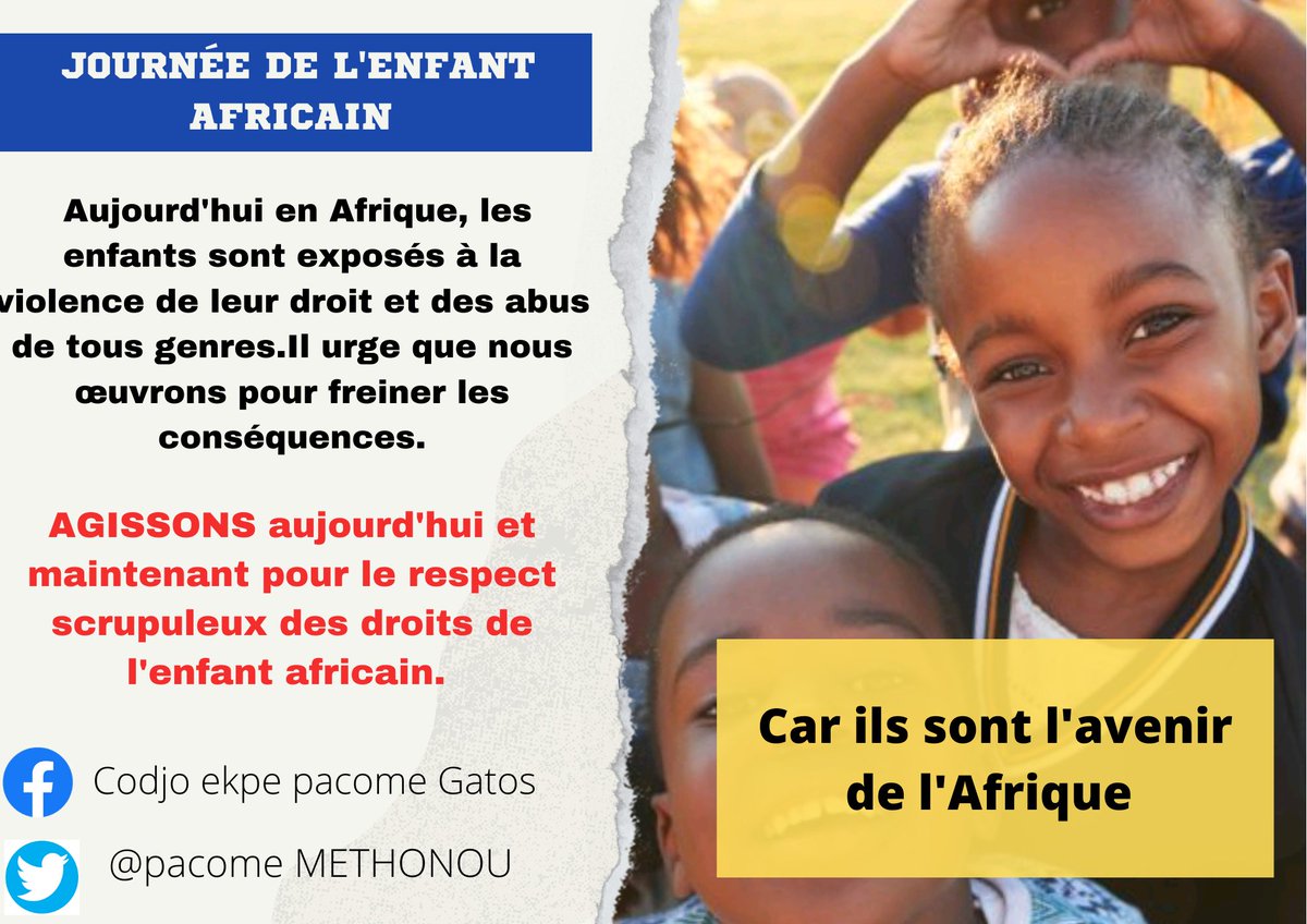 Le combat du #Respect des #droitsdesenfants c'est aujourd'hui prenons en conscience .il urge qu'on s'associe aux organismes comme l' <a href="/UNICEF_FR/">UNICEF (FR)</a> <a href="/PlanIntlBenin/">Plan International Bénin</a> <a href="/JVSAssociation/">Association Jeunes Volontaires pour la Santé</a> <a href="/HAPPYCHILDBENIN/">HAPPY CHILDREN</a> @DemwazelH <a href="/CARE_BeninTogo/">CARE Bénin/Togo</a> <a href="/UNICEF_Benin/">UNICEF Benin</a> pour mener cette lutte.les abus sont énormes.