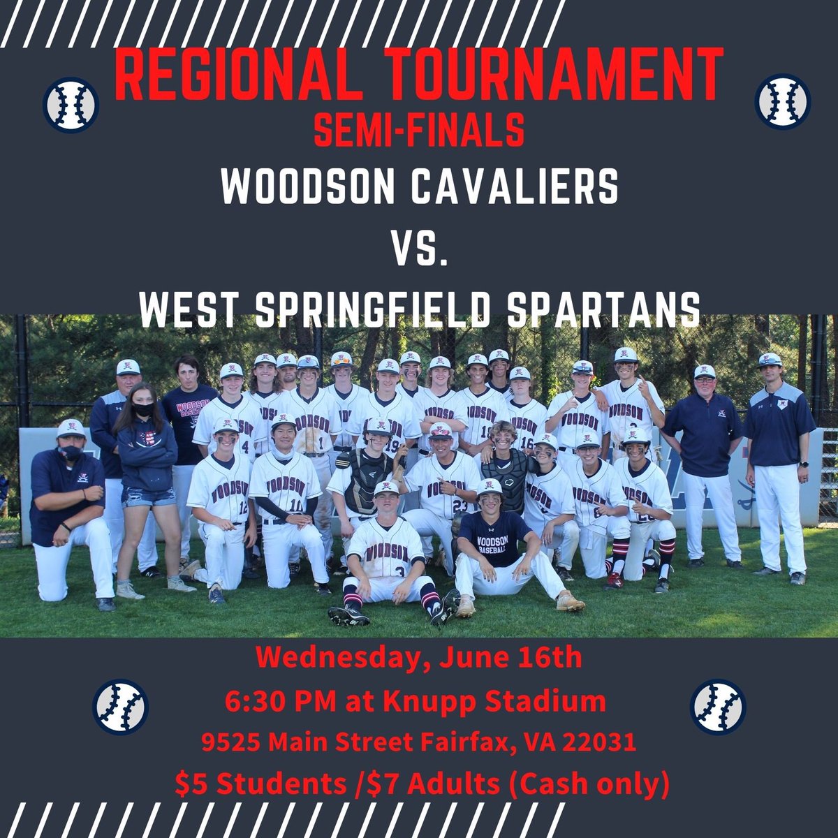 CGWCavsBaseball's tweet photo. ⚾️REGIONAL SEMI-FINAL!!!⚾️

Woodson hosts West Springfield
6:30pm @ Woodson
#GameReady⚾️
#Cavs⚔️ #CavStrong💪
#StayHydrated💦 https://t.co/6QBCo0Lb3Q