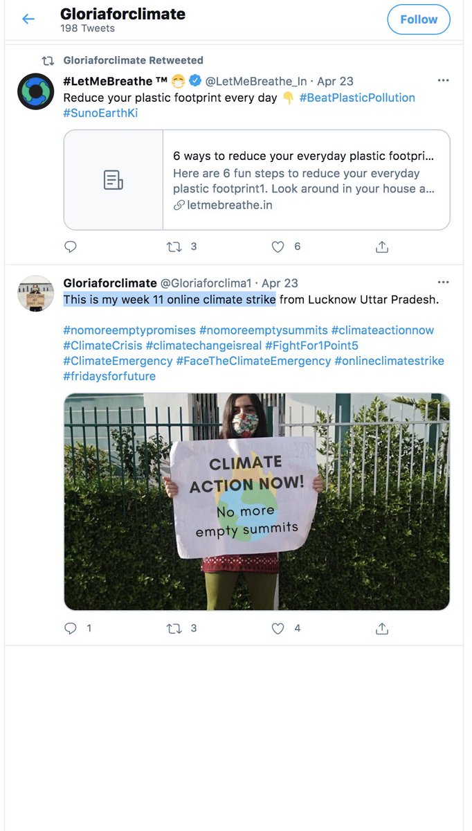 Gloriaforclimate first friend of Baibhav. She does 10 ONLINE strikes. But first tweet surely about 11th strike! Her first followers ->